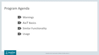 Copyright © 2017, Oracle and/or its affiliates. All rights reserved. |
Program Agenda
Warnings
ＡｏＴ Basics
Similar Functionality
Usage
1
2
3
4
 