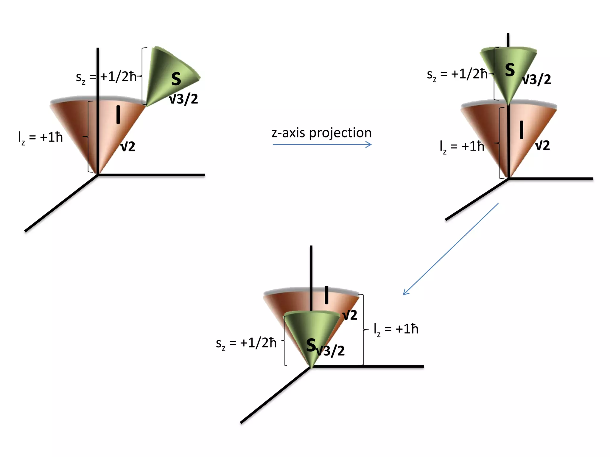 l
s
lz = +1ħ
sz = +1/2ħ
√2
√3/2
z-axis projection l
s
lz = +1ħ
sz = +1/2ħ √3/2
√2
l
s
lz = +1ħ
sz = +1/2ħ
√3/2
√2
 