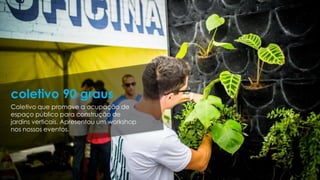 Coletivo que promove a ocupação de
espaço público para construção de
jardins verticais. Apresentou um workshop
nos nossos eventos.
coletivo 90 graus
 