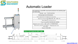www.smthelp.com
Automatic Loader
This equipment is used SMT circuit board production line operating upper
and lower plates
PCB SIZE:（mm） 50*50~330*250
Working height (mm) 900±20(std)
Tank replacement time: about 6 seconds
Machine dimensions 1330(L)*765（W）*1250（H）
Step Select: 10.20.30.40 mm
Power Supply: AC 110/220V±10V, 50/60HZ
Magazine size (L*W*H，MM): 355（L)*320(W)*565(H)
Barometric pressure and gas
flow rate:
４－６bar/up to 10 l / min
Weight (KG) 140KG
 