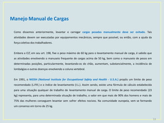 Manejo Manual de Cargas
13
Como dissemos anteriormente, levantar e carregar cargas pesadas manualmente deve ser evitado. Tais
atividades devem ser executadas por equipamentos mecânicos, sempre que possível, ou então, com a ajuda da
força coletiva dos trabalhadores.
Embora a CLT, em seu art. 198, fixe o peso máximo de 60 kg para o levantamento manual de carga, é sabido que
as atividades envolvendo o manuseio frequente de cargas acima de 50 kg, bem como o manuseio de pesos em
determinadas posições, particularmente, levantando-os do chão, aumentam, substancialmente, a incidência de
lombalgias e outras doenças envolvendo a coluna vertebral.
Em 1991, o NIOSH (National Institute for Occupational Safety and Health - U.S.A.) propôs um limite de peso
recomendado (L.P.R.) e o índice de levantamento (I.L.). Assim sendo, existe uma fórmula de cálculo estabelecida
para uma situação qualquer de trabalho de levantamento manual de carga. O limite de peso recomendado (23
kg) representa, para uma determinada situação de trabalho, o valor em que mais de 90% dos homens e mais de
75% das mulheres conseguem levantar sem sofrer efeitos nocivos. Na comunidade europeia, vem se formando
um consenso em torno de 25 kg.
 
