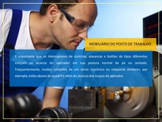 MOBILIÁRIO DO POSTO DE TRABALHO
14
É importante que os interruptores de controle, alavancas e botões de tipos diferentes
estejam ao alcance do operador em sua postura normal de pé ou sentado.
Frequentemente, muitos controles de um torno mecânico ou máquinas similares, por
exemplo, estão abaixo do quadril e além do alcance dos braços do operador.
 