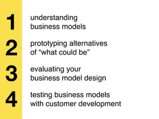 1   understanding
    business models


2   prototyping alternatives
    of “what could be”


3   evaluating your
    business model design


4   testing business models
    with customer development
 