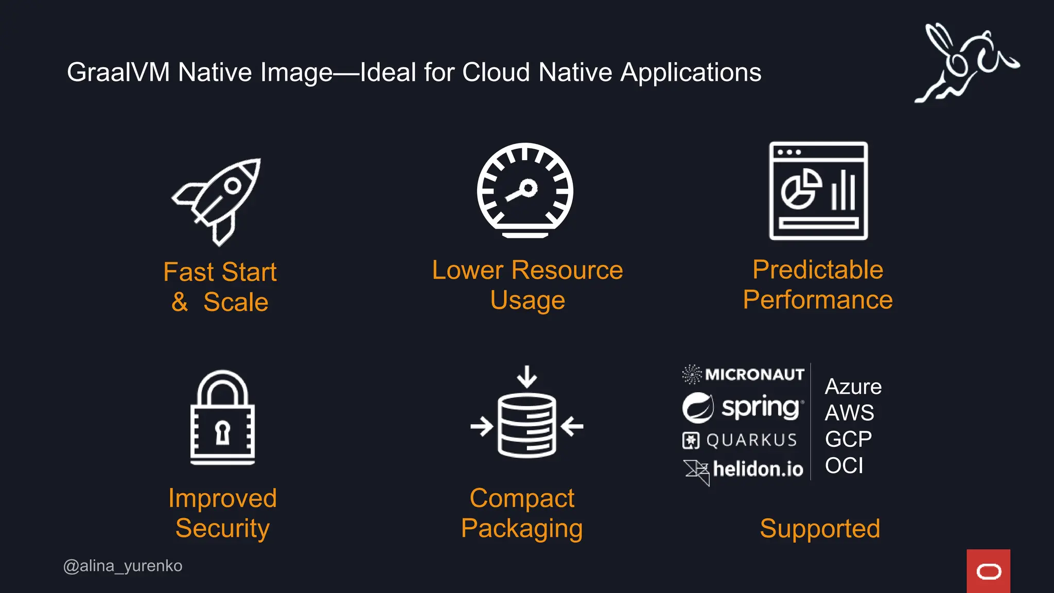 Compact
Packaging
GraalVM Native Image—Ideal for Cloud Native Applications
Improved
Security
Fast Start
& Scale
Lower Resource
Usage
Predictable
Performance
Supported
Azure
AWS
GCP
OCI
 