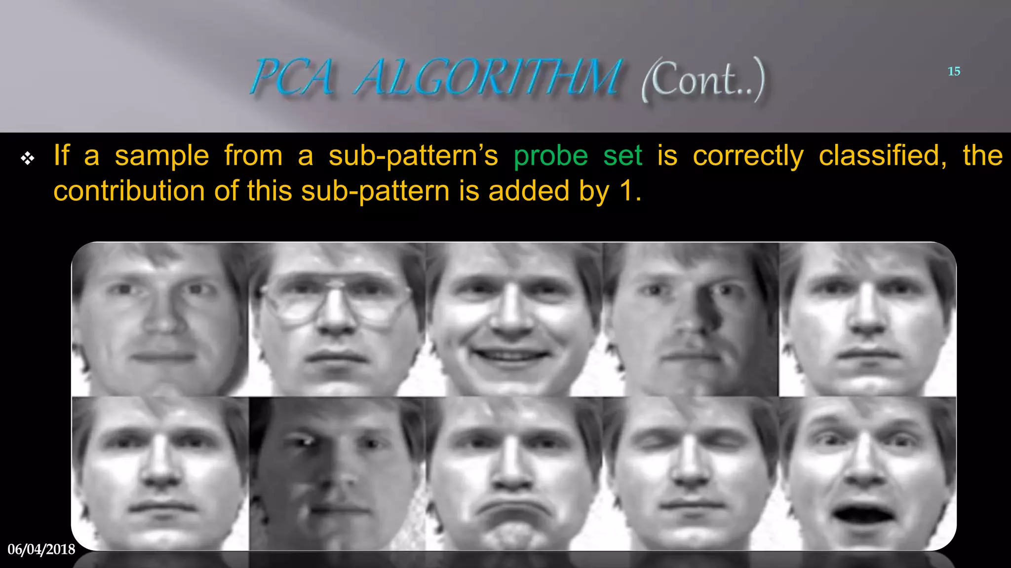 If a sample from a sub-pattern’s probe set is correctly classified, the
contribution of this sub-pattern is added by 1.
15
06/04/2018
 