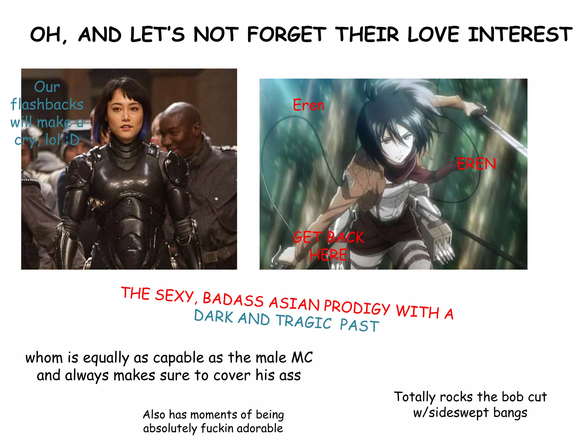 OH, AND LET’S NOT FORGET THEIR LOVE INTEREST
whom is equally as capable as the male MC
and always makes sure to cover his ass
Totally rocks the bob cut
w/sideswept bangsAlso has moments of being
absolutely fuckin adorable
Eren
EREN
GET BACK
HERE
Our
flashbacks
will make u
cry, lol :D
 