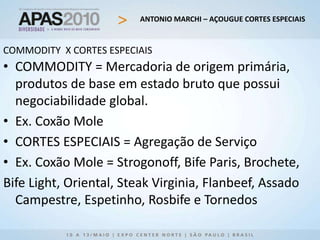 ANTONIO MARCHI – AÇOUGUE CORTES ESPECIAIS
COMMODITY X CORTES ESPECIAIS
• COMMODITY = Mercadoria de origem primária,
produtos de base em estado bruto que possui
negociabilidade global.
• Ex. Coxão Mole
• CORTES ESPECIAIS = Agregação de Serviço
• Ex. Coxão Mole = Strogonoff, Bife Paris, Brochete,
Bife Light, Oriental, Steak Virginia, Flanbeef, Assado
Campestre, Espetinho, Rosbife e Tornedos
 