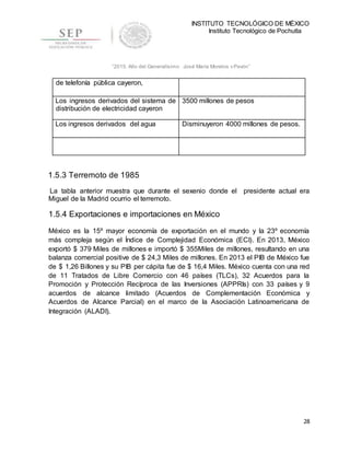 INSTITUTO TECNOLÓGICO DE MÉXICO
Instituto Tecnológico de Pochutla
28
“2015, Año del Generalísimo José María Morelos y Pavón”
1.5.3 Terremoto de 1985
La tabla anterior muestra que durante el sexenio donde el presidente actual era
Miguel de la Madrid ocurrio el terremoto.
1.5.4 Exportaciones e importaciones en México
México es la 15º mayor economía de exportación en el mundo y la 23º economía
más compleja según el Índice de Complejidad Económica (ECI). En 2013, México
exportó $ 379 Miles de millones e importó $ 355Miles de millones, resultando en una
balanza comercial positive de $ 24,3 Miles de millones. En 2013 el PIB de México fue
de $ 1,26 Billones y su PIB per cápita fue de $ 16,4 Miles. México cuenta con una red
de 11 Tratados de Libre Comercio con 46 países (TLCs), 32 Acuerdos para la
Promoción y Protección Recíproca de las Inversiones (APPRIs) con 33 países y 9
acuerdos de alcance limitado (Acuerdos de Complementación Económica y
Acuerdos de Alcance Parcial) en el marco de la Asociación Latinoamericana de
Integración (ALADI).
de telefonía pública cayeron,
Los ingresos derivados del sistema de
distribución de electricidad cayeron
3500 millones de pesos
Los ingresos derivados del agua Disminuyeron 4000 millones de pesos.
 