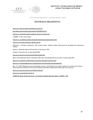 INSTITUTO TECNOLÓGICO DE MÉXICO
Instituto Tecnológico de Pochutla
30
“2015, Año del Generalísimo José María Morelos y Pavón”
REFERENCIA BIBLIOGRAFICA
http://w w w .inegi.org.mx/est/contenidos/proyectos/cn/
http://datos.bancomundial.org/indicador/NY.GDP.MKTP.KD.ZG
http://w w w .economia.com.mx/crecimiento_del_pib_de_mexico.htm
( ROBERT E. Hall, John B.Taylor)
(http://w w w .w orldbank.org/depw eb/spanish/modules/economic/gnp/index.html)
(http://w w w .ecured.cu/Producto_Nacional_Bruto)
(Diccionario económico empresarial, 1995, primera edición, editorial, Instituto Internacional de Investigaciones Empresas &
Cambio)
Andrés, Z, Elementos básicos de Economía, ed. San marcos.1998
Cambell. R. Economía. Ed. La Casa del MULTIDIC.
http://w w w .banxico.org.mx/dyn/portal-inflacion/index.html
Marco Antonio Machado Herrera, Noviembre, 2006, (libro, Conceptualizando la corrupción un aporte desde PSF)
http://w w w .expansion.com/diccionario-economico/crecimiento-economico.html
http://w w w .enciclopediafinanciera.com/indicadores-economicos/tasa-de-desempleo.htm
Díaz, V.O.; 2002; Reflexiones entre economicidad, proceso, control tributario y corrupción pública en el contexto de la evasión
fiscal; Doctrina en Anales de la Asociación Argentina de Estudios Fiscales (2000- 2002), pág. 797 y ssg, junio.
http://w w w .ejournal.unam.mx/rca/191/RCA/19105.pdf)
http://w w w .economiacritica.net/?p=15
GONZÁLEZ, María del Refugio (Coord.), La Formación del Estado Mexicana, México, PORRÚA, 1984
 