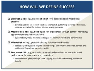 HOW WILL WE DEFINE SUCCESS
 Execution Goals: e.g., execute at a high level based on social media best
practices
• Develop systems for content creation, calendars & publishing - develop efficiencies,
measure and refine for influence based on engagements
 Measurable Goals: e.g., build digital Fan experiences through content marketing,
app development and social assets
• Systematically track, measure and adjust for optimum results and performance
 Milestone KPIs: e.g., grow social Fan / Follower communities
• Set social profile growth targets - realize using a combination of owned, earned and
paid media (organic vs. earned vs. paid)
 Benchmark KPIs: e.g., realize incremental and sustained increases in MoM
performance for awareness and conversions
• Set web traffic goals; leverage (SEO) tagging, social and link building, conversion
targets
 