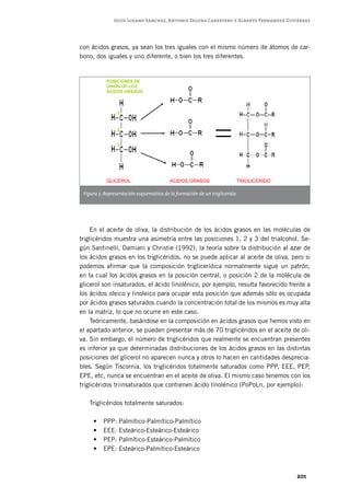 201
con ácidos grasos, ya sean los tres iguales con el mismo número de átomos de car-
bono, dos iguales y uno diferente, o bien los tres diferentes.
En el aceite de oliva, la distribución de los ácidos grasos en las moléculas de
triglicéridos muestra una asimetría entre las posiciones 1, 2 y 3 del trialcohol. Se-
gún Santinelli, Damiani y Christie (1992), la teoría sobre la distribución al azar de
los ácidos grasos en los triglicéridos, no se puede aplicar al aceite de oliva, pero si
podemos afirmar que la composición triglicerídica normalmente sigue un patrón,
en la cual los ácidos grasos en la posición central, o posición 2 de la molécula de
glicerol son insaturados, el ácido linolénico, por ejemplo, resulta favorecido frente a
los ácidos oleico y linoleico para ocupar esta posición que además sólo es ocupada
por ácidos grasos saturados cuando la concentración total de los mismos es muy alta
en la matriz, lo que no ocurre en este caso.
Teóricamente, basándose en la composición en ácidos grasos que hemos visto en
el apartado anterior, se pueden presentar más de 70 triglicéridos en el aceite de oli-
va. Sin embargo, el número de triglicéridos que realmente se encuentran presentes
es inferior ya que determinadas distribuciones de los ácidos grasos en las distintas
posiciones del glicerol no aparecen nunca y otros lo hacen en cantidades desprecia-
bles. Según Tiscornia, los triglicéridos totalmente saturados como PPP, EEE, PEP,
EPE, etc, nunca se encuentran en el aceite de oliva. El mismo caso tenemos con los
triglicéridos triinsaturados que contienen ácido linolénico (PoPoLn, por ejemplo):
Triglicéridos totalmente saturados:
PPP: Palmítico-Palmítico-Palmítico•	
EEE: Esteárico-Esteárico-Esteárico•	
PEP: Palmítico-Esteárico-Palmítico•	
EPE: Esteárico-Palmítico-Esteárico•	
POSICIONES DE
UNIÓN DE LOSUNIÓN DE LOS
ÁCIDOS GRASOS
1
2
3
ACIDOS GRASOSGLICEROL TRIGLICÉRIDO
Figura 5. Representación esquemática de la formación de un triglicérido.
Jesús Lozano Sánchez, Antonio Segura Carretero y Alberto Fernández Gutiérrez
 