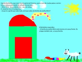 Ano letivo 2013/2014
A girafa Borboleta, que vivia mesmo perto da Princesa, ouviu o som de muitas patas a correr;
tirou a cabeça pela janela do telhado da sua casa...
- Olha! Olha!- disse a Borboleta – vou ter visitas!
A serpente Arco-íris perguntou:
- Já que és a girafa que sabe tudo, será que sabes da família da ovelha Mimi?
A Borboleta respondeu:
- A família da ovelha Mimi está mesmo aí à vossa frente. Os
amigos também são a nossa família.
 