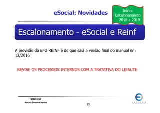 SPED 2017
Renata Santana Santos
2222
Escalonamento - eSocial e Reinf
eSocial: Novidades Início:
Escalonamento
– 2018 a 2019
A previsão do EFD REINF é de que saia a versão final do manual em
12/2016
REVISE OS PROCESSOS INTERNOS COM A TRATATIVA DO LEIAUTE
 