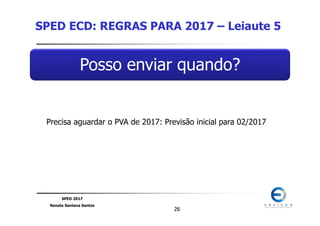 SPED 2017
Renata Santana Santos
2626
Posso enviar quando?
Precisa aguardar o PVA de 2017: Previsão inicial para 02/2017
SPED ECD: REGRAS PARA 2017 – Leiaute 5
 
