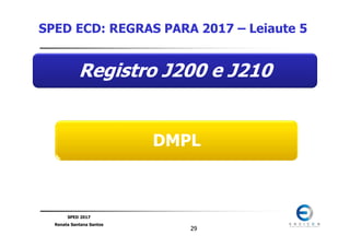 SPED 2017
Renata Santana Santos
2929
Registro J200 e J210
DMPL
SPED ECD: REGRAS PARA 2017 – Leiaute 5
 