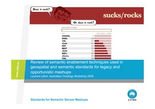 Review of semantic enablement techniques used in
geospatial and semantic standards for legacy and
opportunistic mashups
Laurent Lefort, Australian Ontology Workshop 2009




Standards for Semantic Sensor Mashups
 