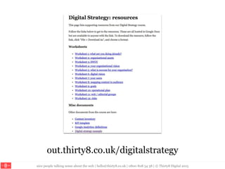 nice people talking sense about the web | hello@thirty8.co.uk | 0800 808 54 38 | © Thirty8 Digital 2015
out.thirty8.co.uk/digitalstrategy
 