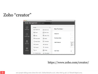 nice people talking sense about the web | hello@thirty8.co.uk | 0800 808 54 38 | © Thirty8 Digital 2015
Zoho “creator”
https://www.zoho.com/creator/
 