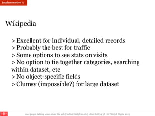 nice people talking sense about the web | hello@thirty8.co.uk | 0800 808 54 38 | © Thirty8 Digital 2015
> Excellent for individual, detailed records
> Probably the best for traffic
> Some options to see stats on visits
> No option to tie together categories, searching
within dataset, etc
> No object-specific fields
> Clumsy (impossible?) for large dataset
Wikipedia
Implementation //
 