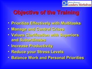 Objective of the TrainingObjective of the Training
• Prioritize Effectively with MultitasksPrioritize Effectively with Multitasks
• Manage and Control CrisesManage and Control Crises
• Values Clarification with SuperiorsValues Clarification with Superiors
and Subordinatesand Subordinates
• Increase ProductivityIncrease Productivity
• Reduce your Stress LevelsReduce your Stress Levels
• Balance Work and Personal PrioritiesBalance Work and Personal Priorities
 