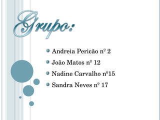 Andreia Pericão nº 2 João Matos nº 12 Nadine Carvalho nº15 Sandra Neves nº 17 