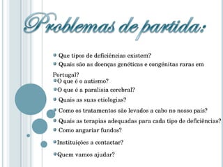 Que tipos de deficiências existem? Quais são as doenças genéticas e congénitas raras em Portugal? Quais as suas etiologias? Como os tratamentos são levados a cabo no nosso país? Quais as terapias adequadas para cada tipo de deficiências? Como angariar fundos? Instituições a contactar? Quem vamos ajudar? O que é o autismo? O que é a paralisia cerebral? 
