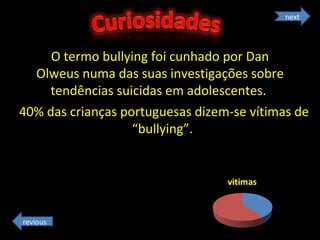 O termo bullying foi cunhado por Dan Olweus numa das suas investigações sobre tendências suicidas em adolescentes.  40% das crianças portuguesas dizem-se vítimas de “bullying”.  next revious 