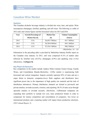 6

ANDREW PELLER LIMITED
PROPOSAL

SITUATION ANALYSIS & MARKET OPPORTUNITY

Canadian Wine Market
Statistics
The Canadian alcoholic beverage industry is divided into wine, beer, and spirits. Wine
encompasses champagne, fortified, sparkling, and still wines. The following is a table of
2012 sales and volume figures and the forecasted values for 2013 and 2016.
Year

Growth Percentage of

Market Size

Volume Consumption

Market Size ($)

($)

(Liters)

2012

3.3%

$6,495.7 Million

431.7 Million

2013

3.3%

$6,709.8 Million

445.1 Million

2016

3.2%

$7,358.1 Million

490.2 Million

(Marketline, 14 – 15)
Information in the preceding table is provided by Marketline Industry Profile report on
the Canadian wine industry. In 2011, still wine comprised 81.5% of market sales
followed by fortified wine (10.3%), champagne (6.9%) and sparkling wine (1.2%)
(Marketline, 10)(Figure 8)

Key Players & Dynamics
Key competitors in the market include Andrew Peller Limited, Fosters Group, Casella
Wines, and Constellation Brands.(Marketline, 12)The market is experiencing both
horizontal and vertical integration. Imports currently represent 85% of sales and are a
major threat to domestic companies.(Lees) Both suppliers and distributors have
significant power due to the importance of high quality raw material and the lack of
distribution alternatives. Primary distribution channels are limited to provincial and
private retailers, on-trade accounts, wineries, and exporting. 88.3% of sales occur through
specialist retailers or on-trade accounts. (Marketline, 13)Dominant companies are
expanding their portfolio to include low cost, mass production brands in order to
compensate for intense competition and consolidation of companies. Tax levies on
international products and a maturing market will impact future production selections.
(2012 Annual Report, 5)

March 6th, 2013

 