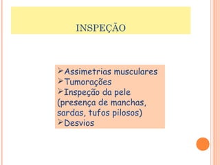 INSPEÇÃO 
Assimetrias musculares 
Tumorações 
Inspeção da pele 
(presença de manchas, 
sardas, tufos pilosos) 
Desvios 
 