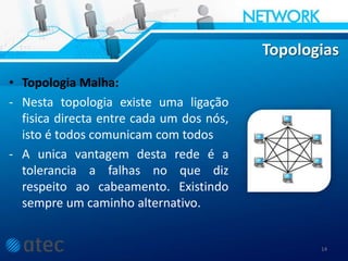 Topologias
• Topologia Malha:
- Nesta topologia existe uma ligação
fisica directa entre cada um dos nós,
isto é todos comunicam com todos
- A unica vantagem desta rede é a
tolerancia a falhas no que diz
respeito ao cabeamento. Existindo
sempre um caminho alternativo.
14
 