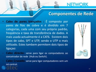 Componentes de Rede
• Cabo de pares trançados : É composto por
pares de fios de cobre e é dividido em 7
categorias, cada uma com seu próprio padrão,
freqüência e taxa de transferência de dados. A
mais usada actualmente é a CAT6. Existem dois
tipos de cabo, SPT e UTP, sendo o UTP o mais
utilizado. Estes tambem permitem dois tipos de
ligaçao:
- Cabo directo: serve para ligar os computadores ao
concetrador de rede (Hub ou Switch).
- Cabo Cruzado: serve para ligar computadores sem um
nó central.
16
 