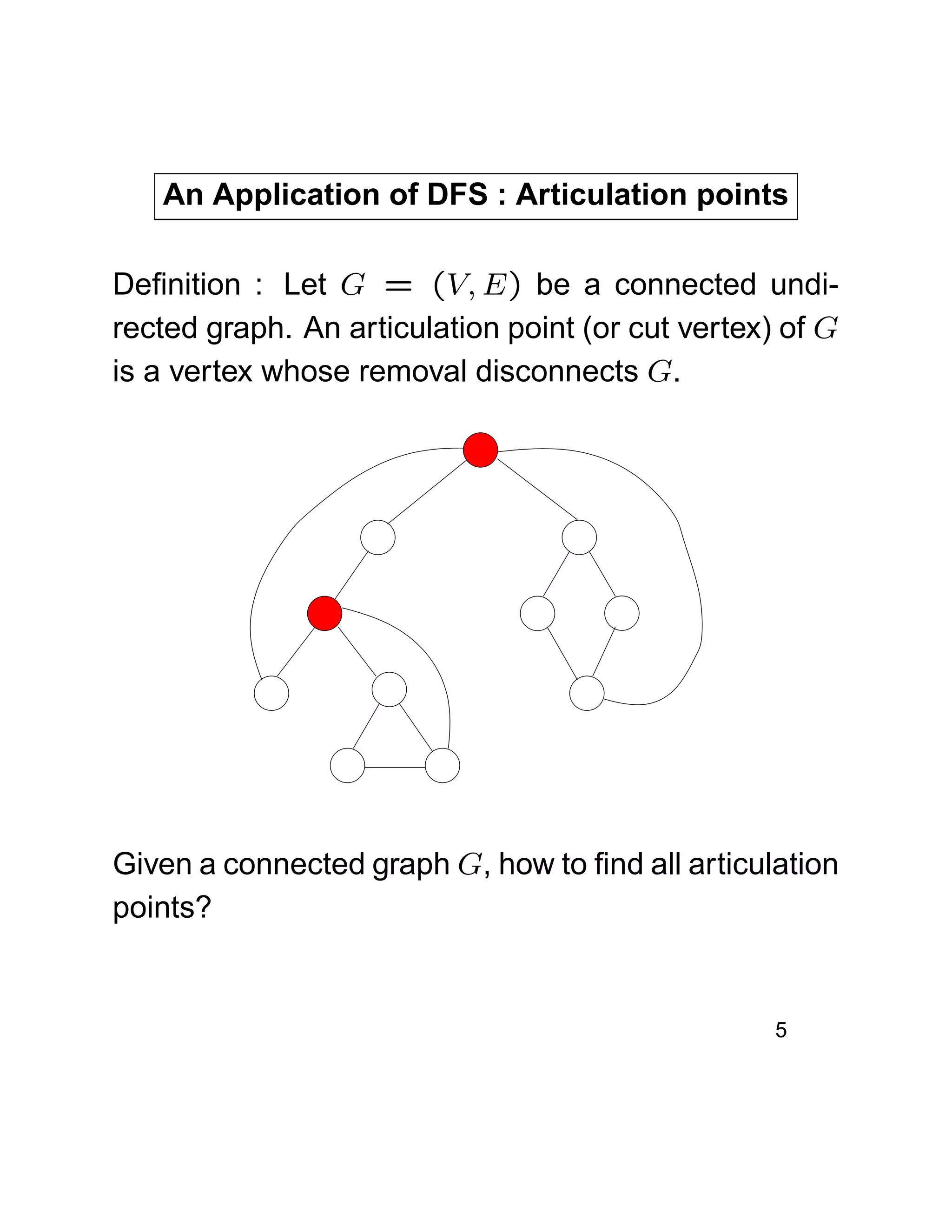 An Application of DFS : Articulation points
Deﬁnition : Let G = (V, E) be a connected undi-
rected graph. An articulation point (or cut vertex) of G
is a vertex whose removal disconnects G.
Given a connected graph G, how to ﬁnd all articulation
points?
5
 