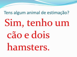 Tens algum animal de estimação?
Sim, tenho um
cão e dois
hamsters.
 