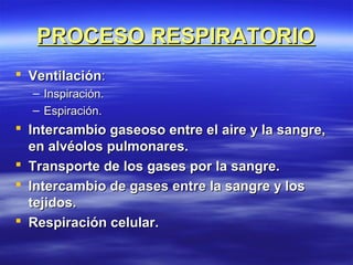PROCESO RESPIRATORIOPROCESO RESPIRATORIO
 VentilaciónVentilación::
– Inspiración.Inspiración.
– Espiración.Espiración.
 Intercambio gaseoso entre el aire y la sangre,Intercambio gaseoso entre el aire y la sangre,
en alvéolos pulmonares.en alvéolos pulmonares.
 Transporte de los gases por la sangre.Transporte de los gases por la sangre.
 Intercambio de gases entre la sangre y losIntercambio de gases entre la sangre y los
tejidos.tejidos.
 Respiración celular.Respiración celular.
 