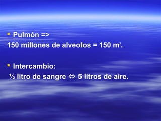  Pulmón =>
150 millones de alveolos = 150 m2
.
 Intercambio:
½ litro de sangre  5 litros de aire.
 