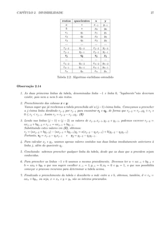 CAP´ITULO 2. DIVISIBILIDADE 27
restos quocientes x y
a ∗ x−1 y−1
b ∗ x0 y0
r1 q1 x1 y1
r2 q2 x2 y2
r3 q3 x3 y3
... ... ... ...
rj−2 qj−2 xj−2 yj−2
rj−1 qj−1 xj−1 yj−1
rj qj xj yj
... ... ... ...
rn−2 qn−2 xn−2 yn−2
rn−1 qn−1 xn−1 yn−1
rn qn xn yn
Tabela 2.2: Algoritmo euclidiano estendido
Observa¸c˜ao 2.14
1. As duas primeiras linhas da tabela, denominadas linha −1 e linha 0, ”legalmente”n˜ao deveriam
existir, pois nem a nem b s˜ao restos.
2. Preenchimento das colunas x e y:
Vamos supor que j´a recebemos a tabela preenchida at´e a (j−1)-´esima linha. Come¸camos a preencher
a j-´esima linha dividindo rj−2 por rj−1 para encontrar rj e qj, de forma que rj−2 = rj−1qj + rj e
0 ≤ rj < rj−1. Assim rj = rj−2 − rj−1qj. (I)
3. Lendo nas linhas (j − 1) e (j − 2) os valores de xj−2, xj−1, yj−2 e yj−1, podemos escrever rj−2 =
axj−2 + byj−2 e rj−1 = axj−1 + byj−1.
Substituindo estes valores em (I), obtemos:
rj = (axj−2 + byj−2) − (axj−1 + byj−1)qj = a(xj−2 − qjxj−1) + b(yj−2 − qjyj−1)
Portanto, xj = xj−2 − qjxj−1 e yj = yj−2 − qjyj−1.
4. Para calcular xj e yj, usamos apenas valores contidos nas duas linhas imediatamente anteriores `a
linha j, al´em do quociente qj.
5. Concluindo: sabemos preencher qualquer linha da tabela, desde que as duas que a precedem sejam
conhecidas.
6. Para preencher as linhas −1 e 0 usamos o mesmo procedimento. Devemos ter a = ax−1 + by−1 e
b = ax0 + by0 o que nos sugere escolher x−1 = 1, y−1 = 0, x0 = 0 e y0 = 1, o que nos possibilita
come¸car o processo recursivo para determinar a tabela acima.
7. Finalizado o preenchimento da tabela e descoberto o mdc entre a e b, obtemos, tamb´em, d = rn =
axn + byn, ou seja, x = xn e y = yn s˜ao os inteiros procurados.
 