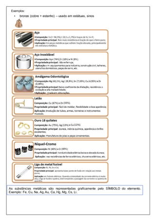 Exemplos:
• bronze (cobre + estanho) – usado em estátuas, sinos
As substâncias metálicas são representadas graficamente pelo SÍMBOLO do elemento.
Exemplo: Fe, Cu, Na, Ag, Au, Ca, Hg, Mg, Cs, Li.
 