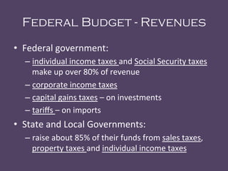 Federal Budget - Revenues
•  Federal	
  government:	
  
– individual	
  income	
  taxes	
  and	
  Social	
  Security	
  taxes	
  
make	
  up	
  over	
  80%	
  of	
  revenue	
  
– corporate	
  income	
  taxes	
  
– capital	
  gains	
  taxes	
  –	
  on	
  investments	
  
– tariﬀs	
  –	
  on	
  imports	
  
•  State	
  and	
  Local	
  Governments:	
  
– raise	
  about	
  85%	
  of	
  their	
  funds	
  from	
  sales	
  taxes,	
  
property	
  taxes	
  and	
  individual	
  income	
  taxes	
  
	
  
 