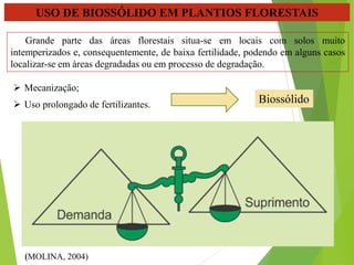 USO DE BIOSSÓLIDO EM PLANTIOS FLORESTAIS
Grande parte das áreas florestais situa-se em locais com solos muito
intemperizados e, consequentemente, de baixa fertilidade, podendo em alguns casos
localizar-se em áreas degradadas ou em processo de degradação.
 Mecanização;
 Uso prolongado de fertilizantes.
(MOLINA, 2004)
Biossólido
 