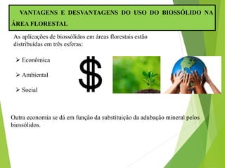 VANTAGENS E DESVANTAGENS DO USO DO BIOSSÓLIDO NA
ÁREA FLORESTAL
As aplicações de biossólidos em áreas florestais estão
distribuídas em três esferas:
 Econômica
 Ambiental
 Social
Outra economia se dá em função da substituição da adubação mineral pelos
biossólidos.
 