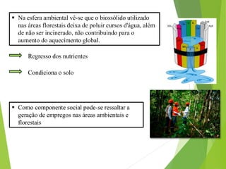  Na esfera ambiental vê-se que o biossólido utilizado
nas áreas florestais deixa de poluir cursos d'água, além
de não ser incinerado, não contribuindo para o
aumento do aquecimento global.
Regresso dos nutrientes
Condiciona o solo
 Como componente social pode-se ressaltar a
geração de empregos nas áreas ambientais e
florestais
 