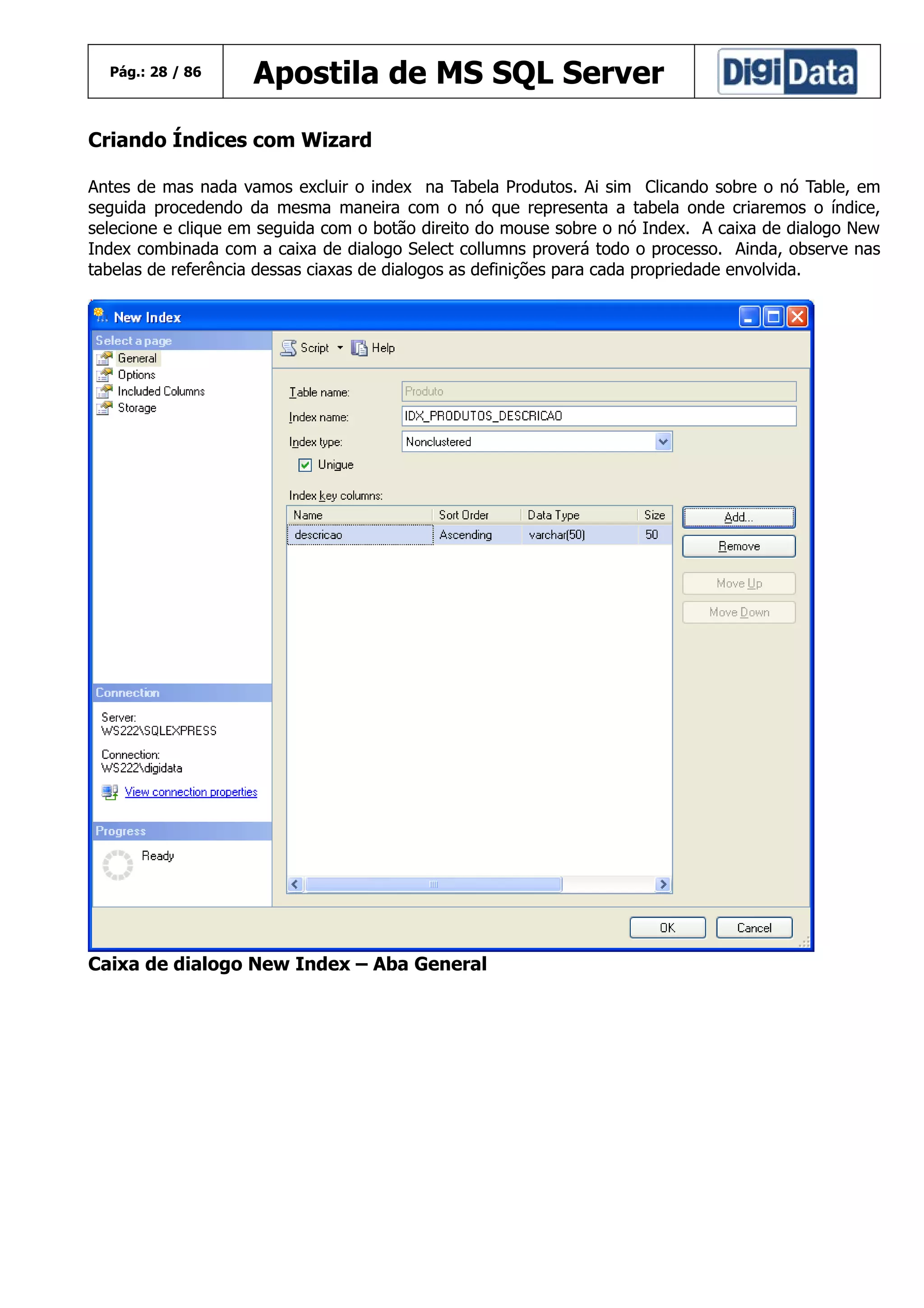 Pág.: 28 / 86

Apostila de MS SQL Server

Criando Índices com Wizard
Antes de mas nada vamos excluir o index na Tabela Produtos. Ai sim Clicando sobre o nó Table, em
seguida procedendo da mesma maneira com o nó que representa a tabela onde criaremos o índice,
selecione e clique em seguida com o botão direito do mouse sobre o nó Index. A caixa de dialogo New
Index combinada com a caixa de dialogo Select collumns proverá todo o processo. Ainda, observe nas
tabelas de referência dessas ciaxas de dialogos as definições para cada propriedade envolvida.

Caixa de dialogo New Index – Aba General

 