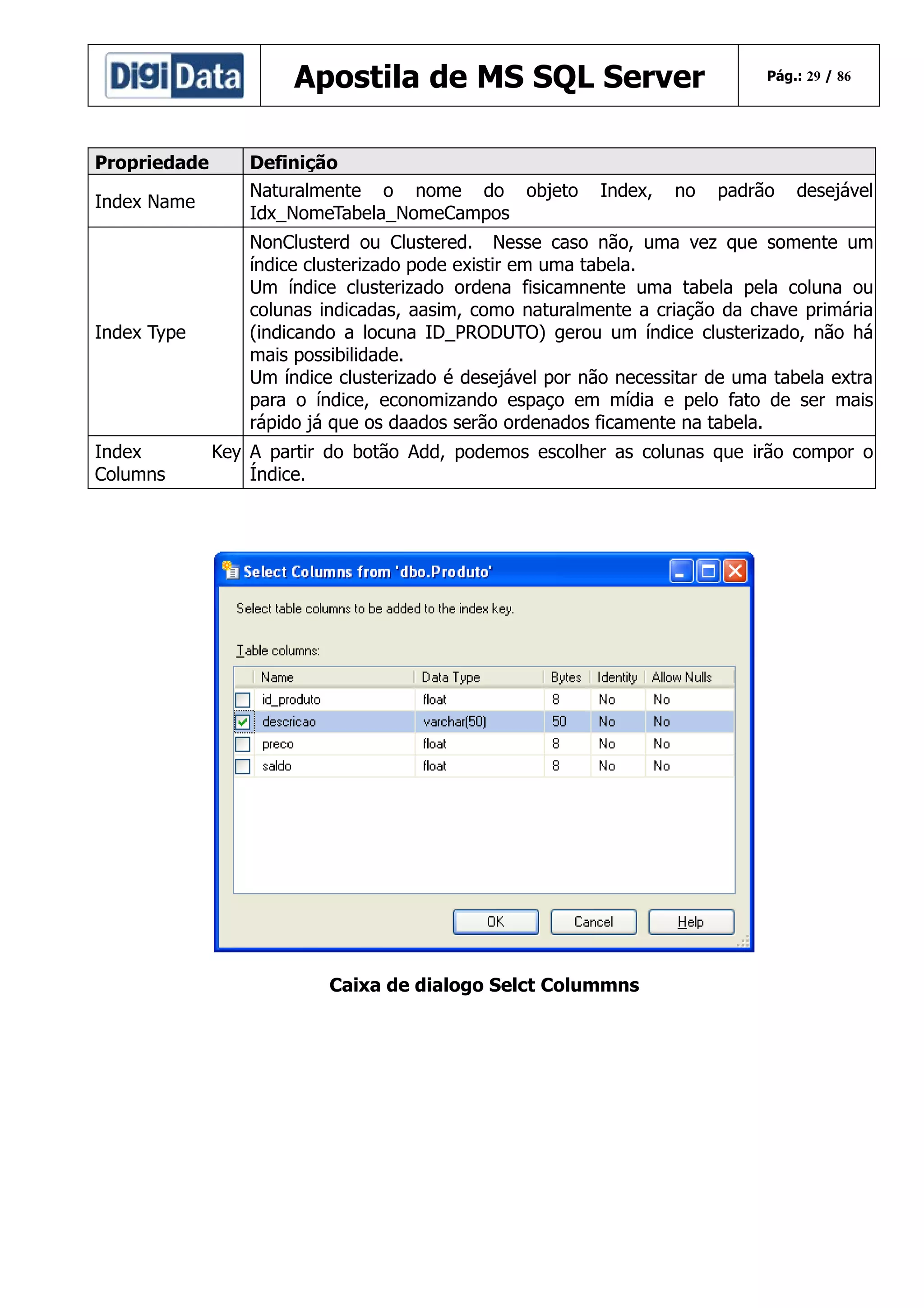 Apostila de MS SQL Server
Propriedade
Index Name

Index Type

Index
Columns

Definição
Naturalmente o nome do objeto
Idx_NomeTabela_NomeCampos

Index,

no

Pág.: 29 / 86

padrão

desejável

NonClusterd ou Clustered. Nesse caso não, uma vez que somente um
índice clusterizado pode existir em uma tabela.
Um índice clusterizado ordena fisicamnente uma tabela pela coluna ou
colunas indicadas, aasim, como naturalmente a criação da chave primária
(indicando a locuna ID_PRODUTO) gerou um índice clusterizado, não há
mais possibilidade.
Um índice clusterizado é desejável por não necessitar de uma tabela extra
para o índice, economizando espaço em mídia e pelo fato de ser mais
rápido já que os daados serão ordenados ficamente na tabela.
Key A partir do botão Add, podemos escolher as colunas que irão compor o
Índice.

Caixa de dialogo Selct Colummns

 