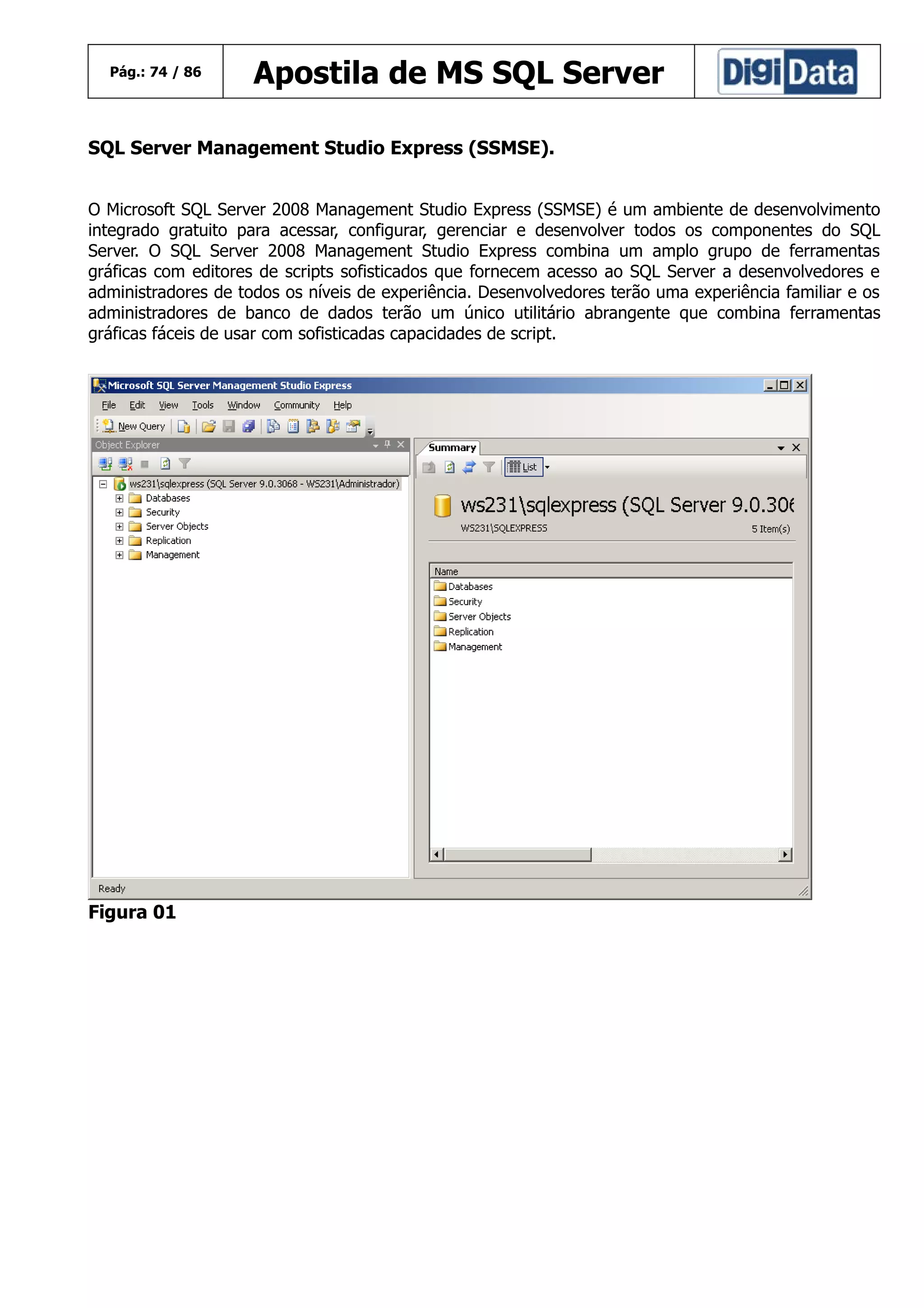 Pág.: 74 / 86

Apostila de MS SQL Server

SQL Server Management Studio Express (SSMSE).
O Microsoft SQL Server 2008 Management Studio Express (SSMSE) é um ambiente de desenvolvimento
integrado gratuito para acessar, configurar, gerenciar e desenvolver todos os componentes do SQL
Server. O SQL Server 2008 Management Studio Express combina um amplo grupo de ferramentas
gráficas com editores de scripts sofisticados que fornecem acesso ao SQL Server a desenvolvedores e
administradores de todos os níveis de experiência. Desenvolvedores terão uma experiência familiar e os
administradores de banco de dados terão um único utilitário abrangente que combina ferramentas
gráficas fáceis de usar com sofisticadas capacidades de script.

Figura 01

 