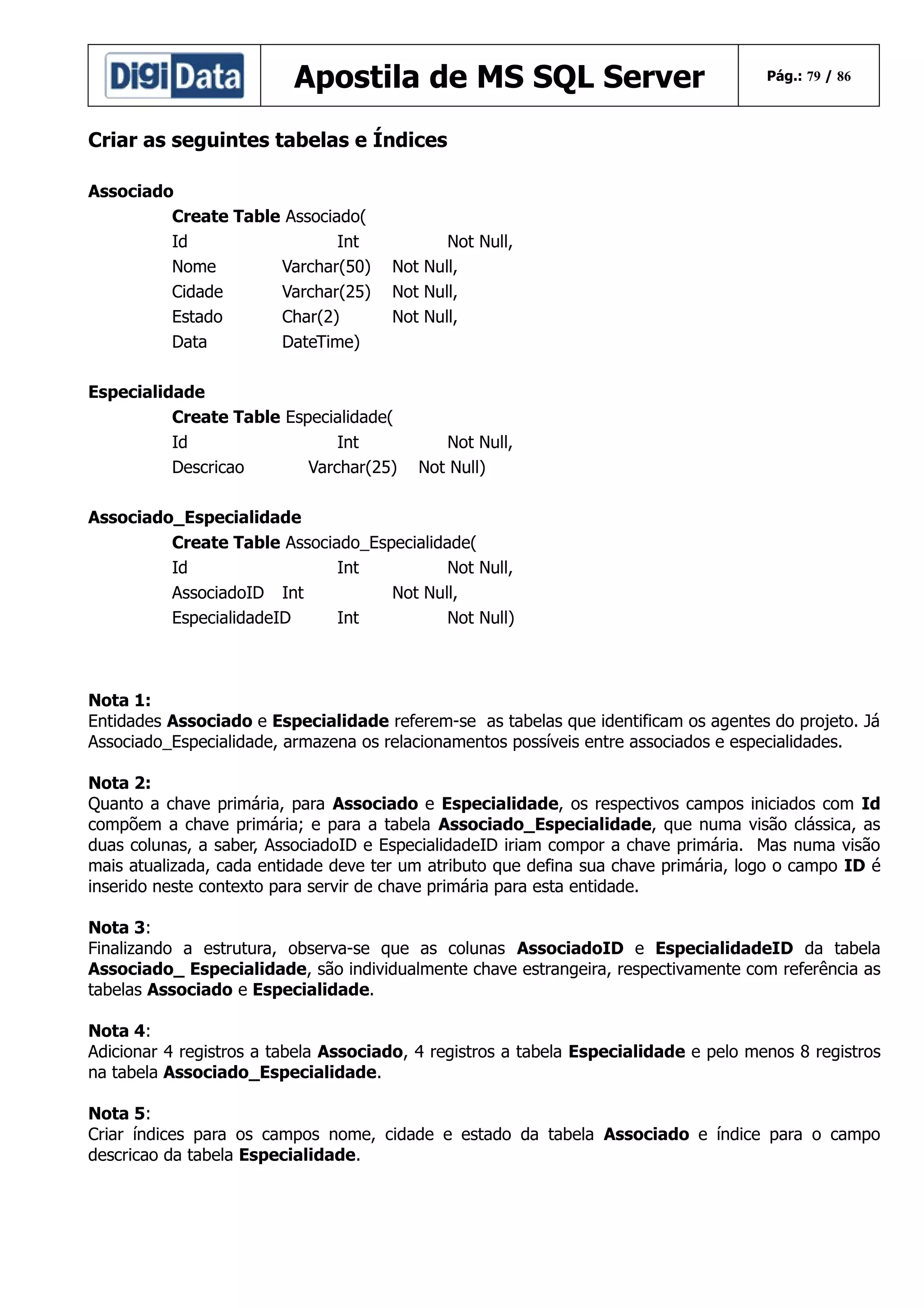 Apostila de MS SQL Server

Pág.: 79 / 86

Criar as seguintes tabelas e Índices
Associado
Create Table Associado(
Id
Int
Nome
Varchar(50)
Cidade
Varchar(25)
Estado
Char(2)
Data
DateTime)

Not Null,
Not Null,
Not Null,
Not Null,

Especialidade
Create Table Especialidade(
Id
Int
Descricao
Varchar(25)

Not Null,
Not Null)

Associado_Especialidade
Create Table Associado_Especialidade(
Id
Int
Not Null,
AssociadoID Int
Not Null,
EspecialidadeID
Int
Not Null)

Nota 1:
Entidades Associado e Especialidade referem-se as tabelas que identificam os agentes do projeto. Já
Associado_Especialidade, armazena os relacionamentos possíveis entre associados e especialidades.
Nota 2:
Quanto a chave primária, para Associado e Especialidade, os respectivos campos iniciados com Id
compõem a chave primária; e para a tabela Associado_Especialidade, que numa visão clássica, as
duas colunas, a saber, AssociadoID e EspecialidadeID iriam compor a chave primária. Mas numa visão
mais atualizada, cada entidade deve ter um atributo que defina sua chave primária, logo o campo ID é
inserido neste contexto para servir de chave primária para esta entidade.
Nota 3:
Finalizando a estrutura, observa-se que as colunas AssociadoID e EspecialidadeID da tabela
Associado_ Especialidade, são individualmente chave estrangeira, respectivamente com referência as
tabelas Associado e Especialidade.
Nota 4:
Adicionar 4 registros a tabela Associado, 4 registros a tabela Especialidade e pelo menos 8 registros
na tabela Associado_Especialidade.
Nota 5:
Criar índices para os campos nome, cidade e estado da tabela Associado e índice para o campo
descricao da tabela Especialidade.

 