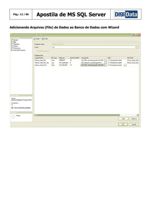 Pág.: 12 / 86

Apostila de MS SQL Server

Adicionando Arquivos (File) de Dados ao Banco de Dados com Wizard

 