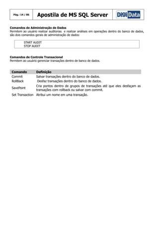 Pág.: 14 / 86

Apostila de MS SQL Server

Comandos de Administração de Dados
Permitem ao usuário realizar auditorias e realizar análises em operações dentro do banco de dados,
são dois comandos gerais de administração de dados:
START AUDIT
STOP AUDIT

Comandos de Controle Transacional
Permitem ao usuário gerenciar transações dentro de banco de dados.

Comando
Commit
RollBack

Definição
Salvar transações dentro do banco de dados.
Desfaz transações dentro do banco de dados.

SavePoint

Cria pontos dentro de grupos de transações até que eles desfaçam as
transações com rollback ou salvar com commit.

Set Transaction Atribui um nome em uma transação.

 