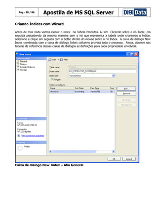 Pág.: 28 / 86

Apostila de MS SQL Server

Criando Índices com Wizard
Antes de mas nada vamos excluir o index na Tabela Produtos. Ai sim Clicando sobre o nó Table, em
seguida procedendo da mesma maneira com o nó que representa a tabela onde criaremos o índice,
selecione e clique em seguida com o botão direito do mouse sobre o nó Index. A caixa de dialogo New
Index combinada com a caixa de dialogo Select collumns proverá todo o processo. Ainda, observe nas
tabelas de referência dessas ciaxas de dialogos as definições para cada propriedade envolvida.

Caixa de dialogo New Index – Aba General

 