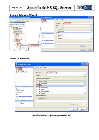 Pág.: 62 / 86

Apostila de MS SQL Server

Criando Role com Wizard

Escolha do RoleName,

Selecionando os objetos e permissões 1/3

 