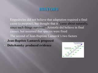 Empedocles did not believe that adaptation required a final
cause (a purpose), but thought that it "came about naturally,
since such things survived." Aristotle did believe in final
causes, but assumed that species were fixed
The second of Jean-Baptiste Lamarck’s two factors
• Jean-Baptiste Lamarck proposed
• Dobzhansky produced evidence
 